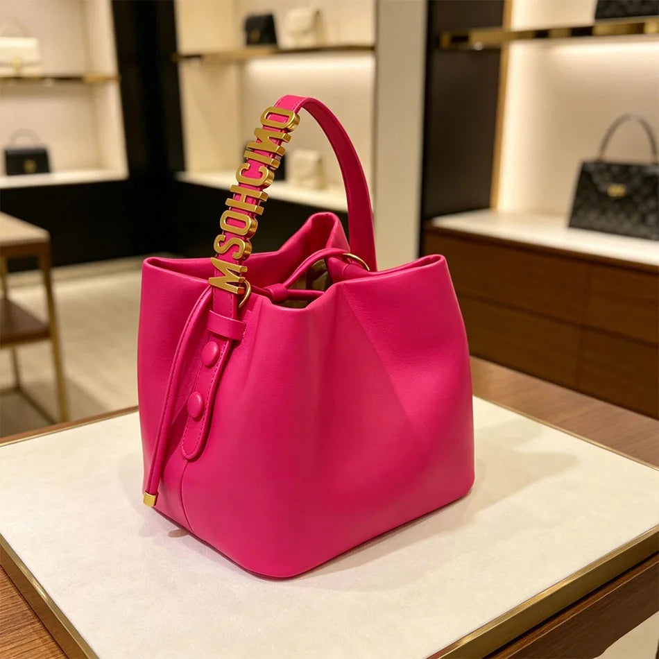 Women's Gold Letter Drawstring Handbag Crossbody Bucket Bag