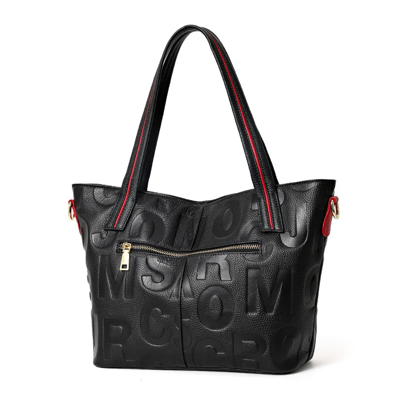 Women's Letter Print Cowhide Leather Shoulder Tote Bag Q1452