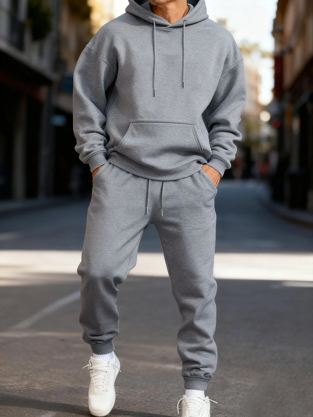 Men's Solid Color Pullover Hoodie and Sweatpants Two-Piece Set