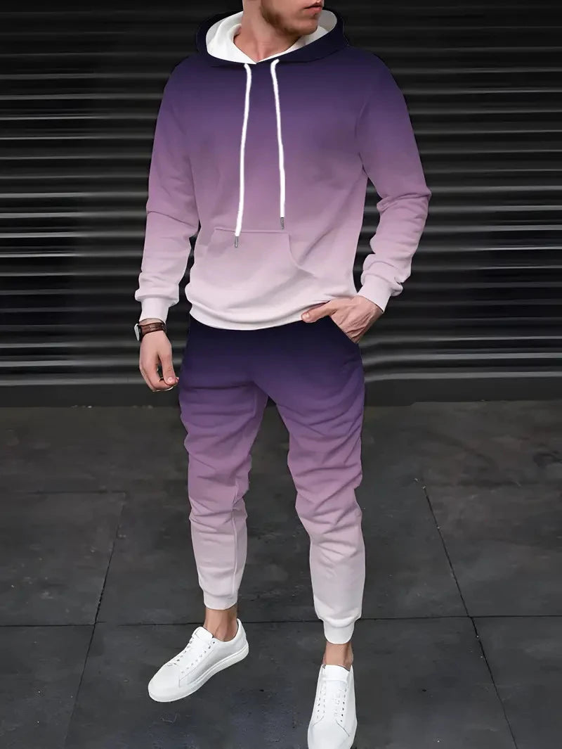 Men's Gradient 3D Pattern Print Hoodie and Pants Two-Piece Set