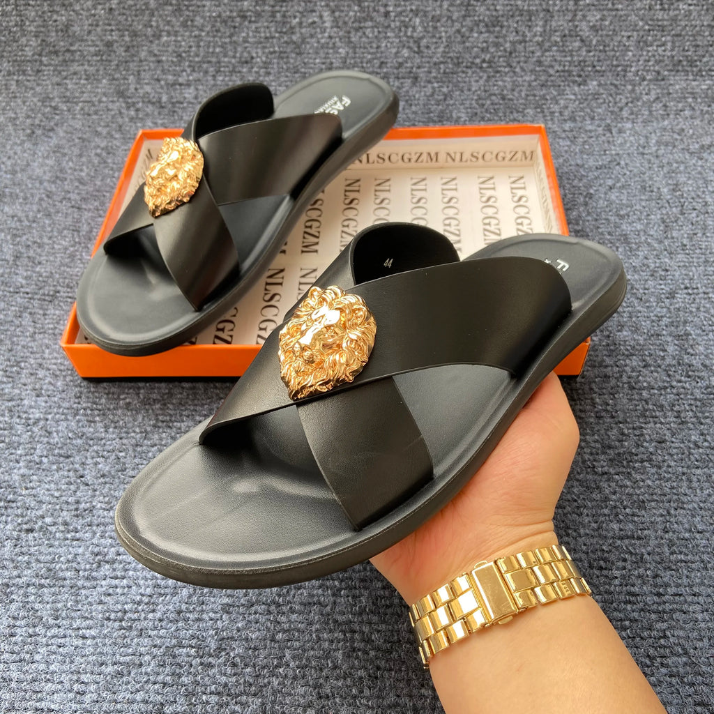 Men's PU Leather Slide Sandals with Metal Decoration