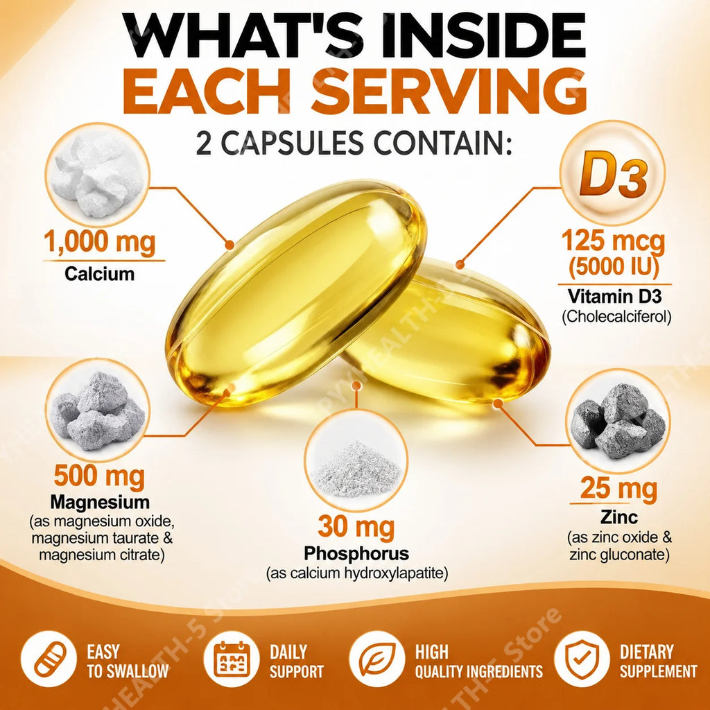 Calcium Magnesium Zinc Vitamin D3 Bone Muscle Support Dietary Supplement Capsules