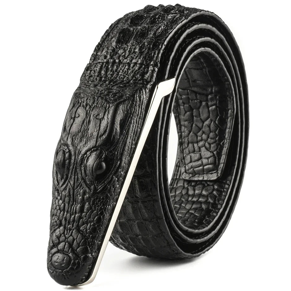Men's Crocodile Pattern Leather Belt with Smooth Buckle