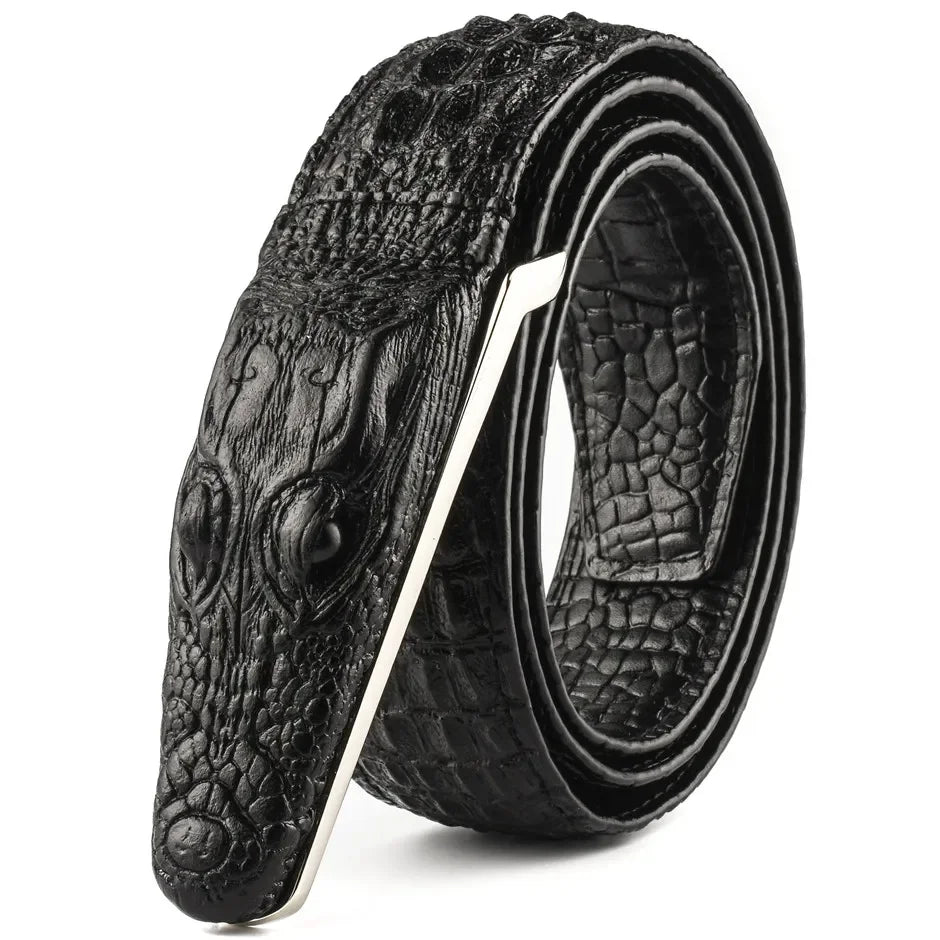 Men's Crocodile Pattern Leather Belt with Smooth Buckle