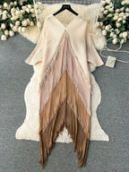 Women's Pleated Color-Block Tassel Mid-Calf Dress