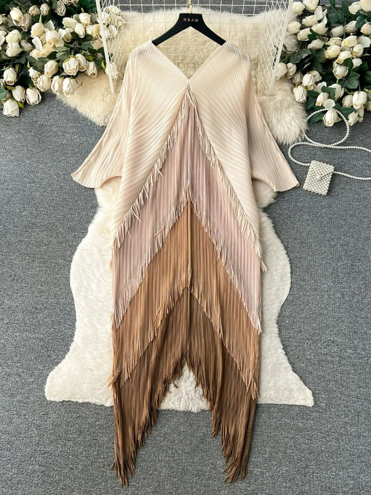 Women's Pleated Color-Block Tassel Mid-Calf Dress