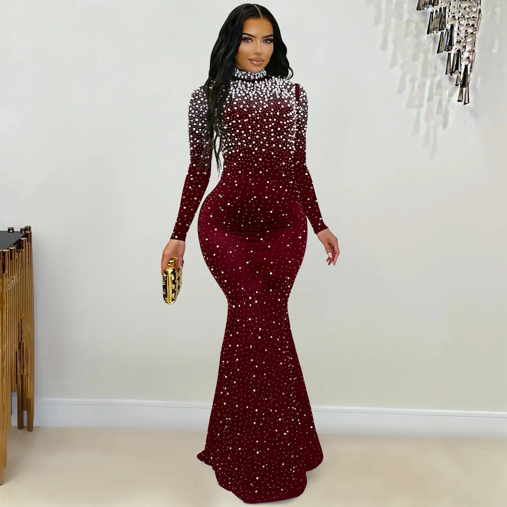 Women's Elegant Beaded Long Sleeve Mock Neck Maxi Dress