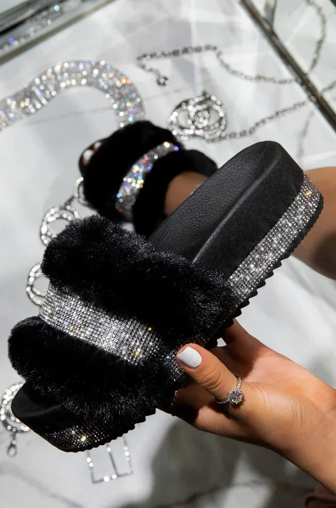 Women's Rhinestone Fur Platform Wedge Slide Sandals