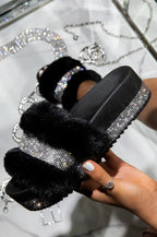 Women's Rhinestone Fur Platform Wedge Slide Sandals