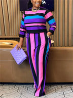 Women's Striped Crop Top and Pants Two-Piece Set 91302