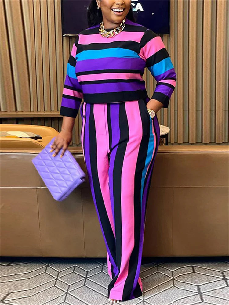 Women's Striped Crop Top and Pants Two-Piece Set 91302