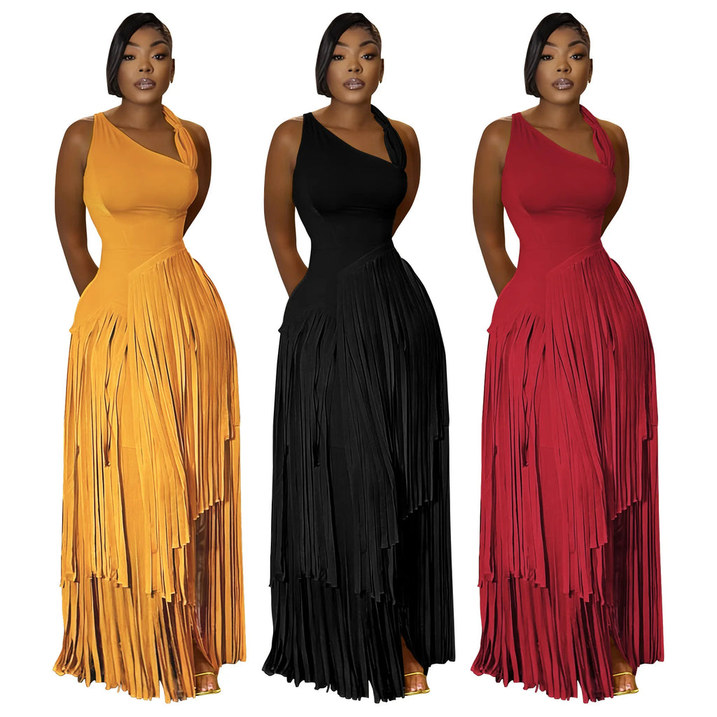 Women's Elegant Sleeveless Dashiki Tassel Maxi Dress