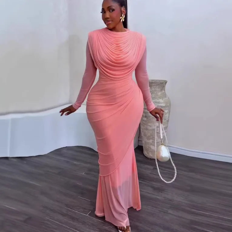 Women's Elegant Mesh Long Sleeve Mermaid Maxi Dress