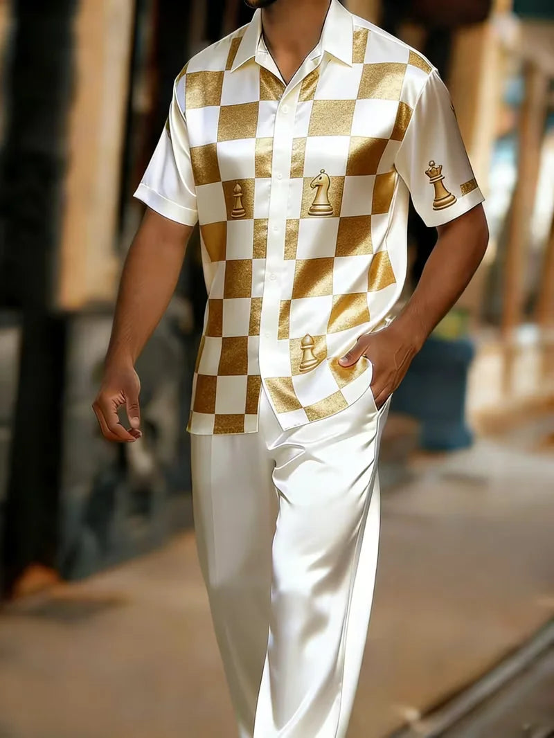 Men's Baroque Print Short Sleeve Shirt and Pants Two Piece Set