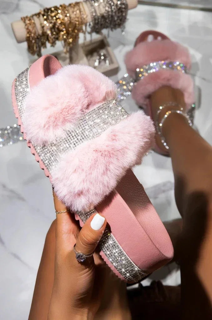 Women's Rhinestone Fur Platform Wedge Slide Sandals