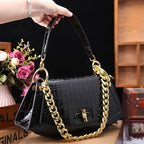 Women's Crocodile Pattern Genuine Leather Saddle Shoulder Crossbody Bag