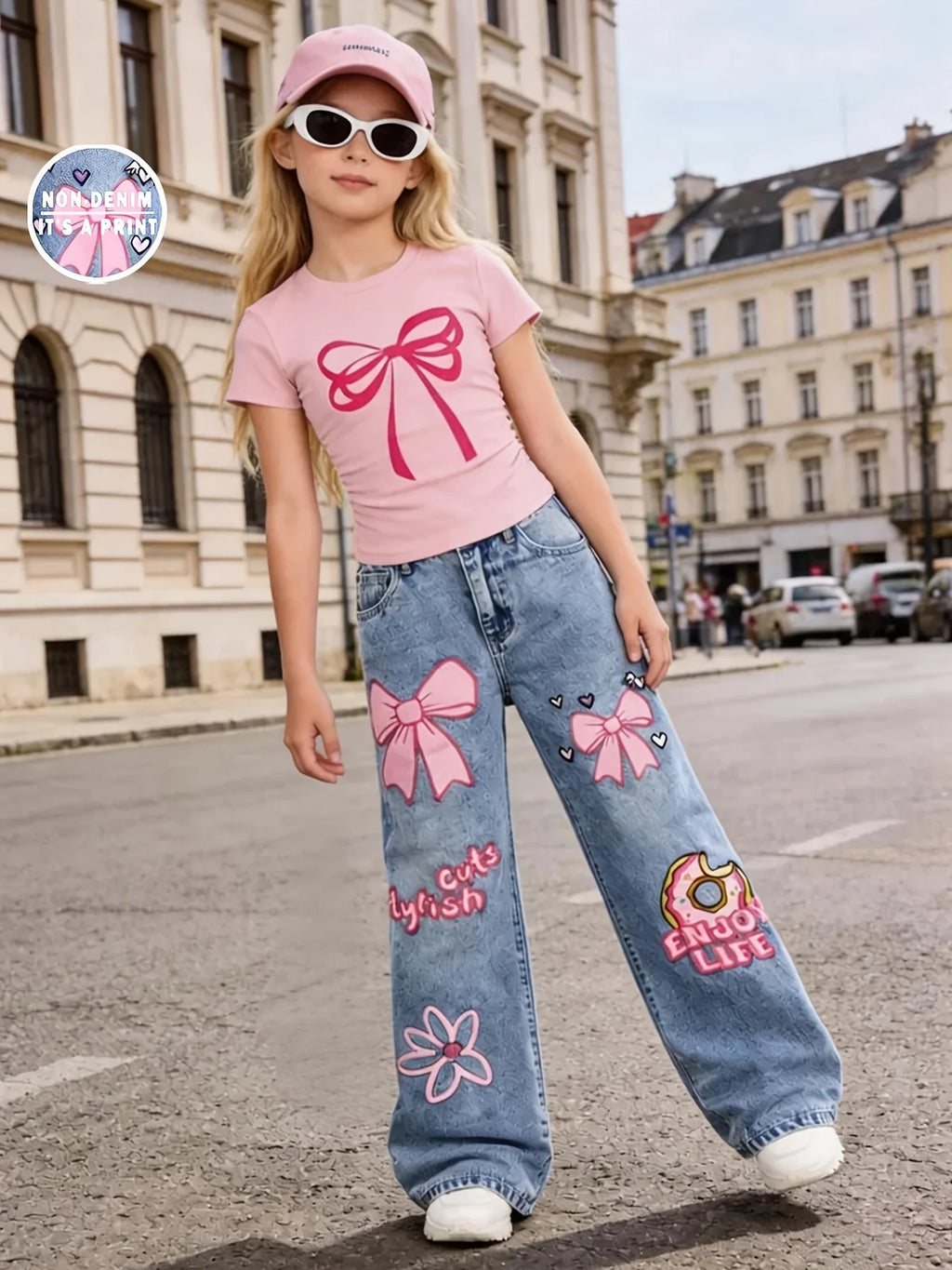 Girls' Bow-Print Cropped Tee and Wide-Leg Pants 2-Piece Set
