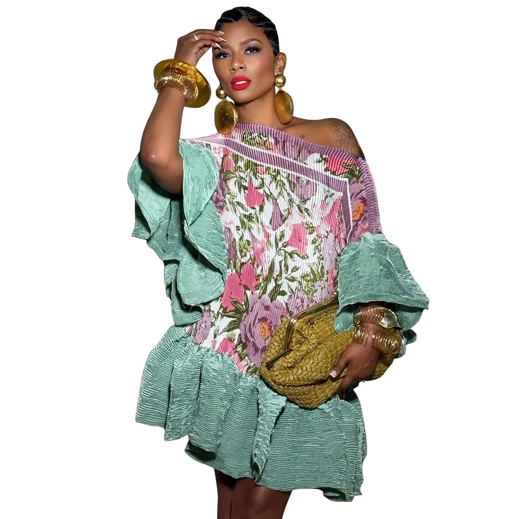 Women's Flare-Sleeve Dashiki Kaftan Mini Dress