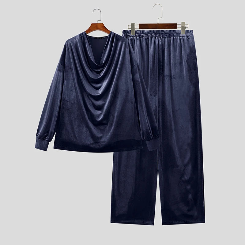 Men's Solid Color Velour Pleated Long Sleeve Two Piece Set