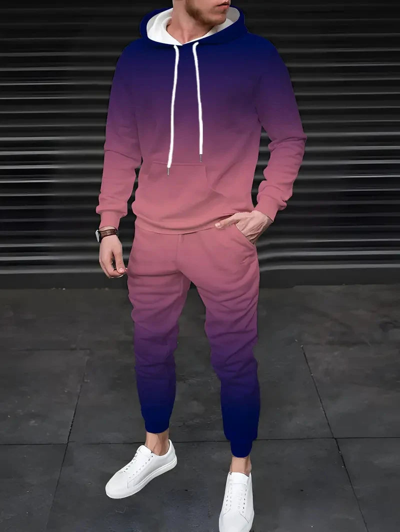 Men's Gradient 3D Pattern Print Hoodie and Pants Two-Piece Set