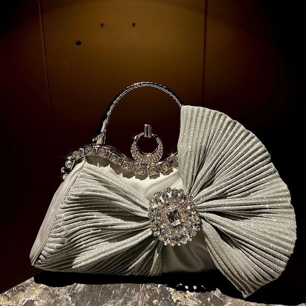 Women's Luxury Diamond Pleated Big Bow Evening Shoulder Bag