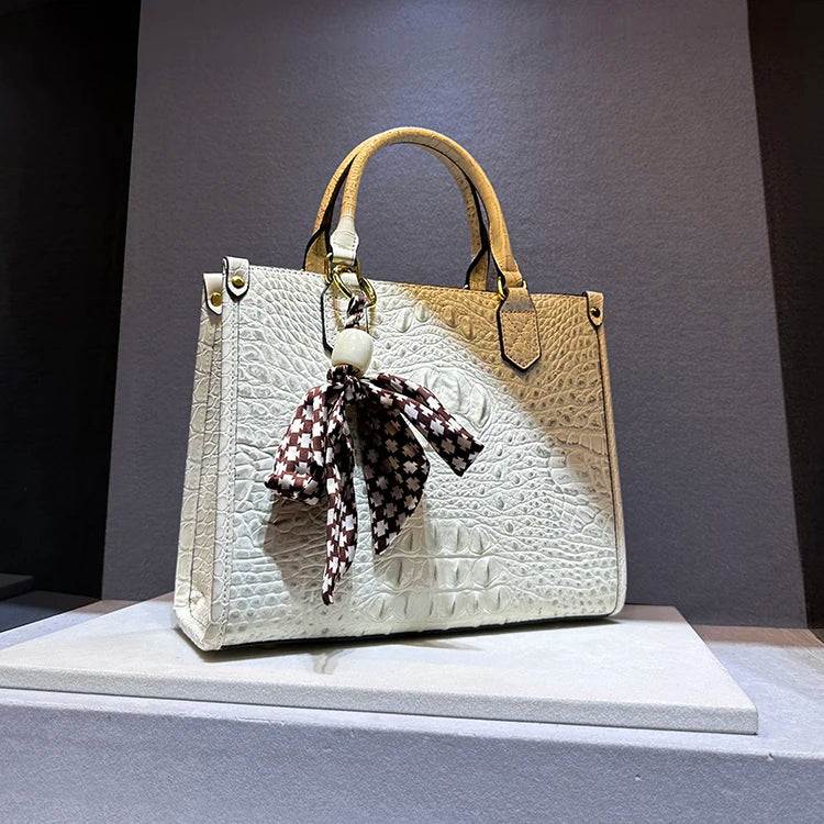 Women's Alligator Print Genuine Leather Handbag Shoulder Tote Bag