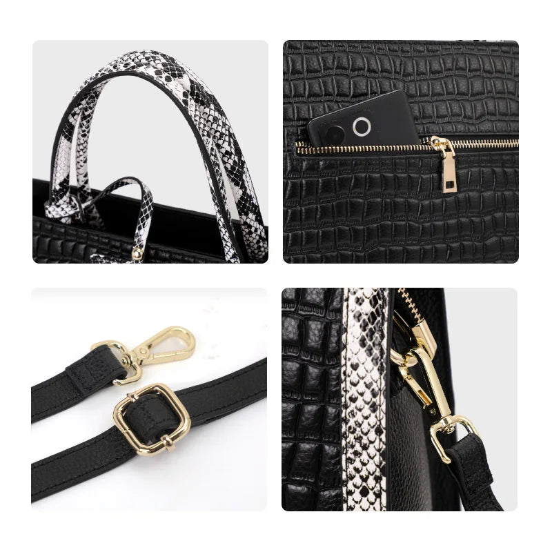 Women's Stone Pattern Cowhide Leather Large Capacity Shoulder Handbag
