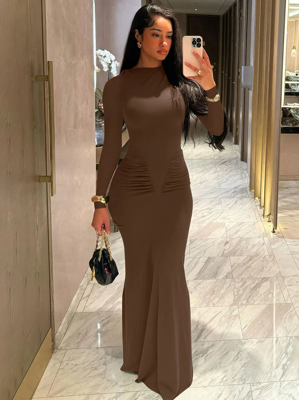 Women's Elegant Draped Long Sleeve Bodycon Maxi Dress