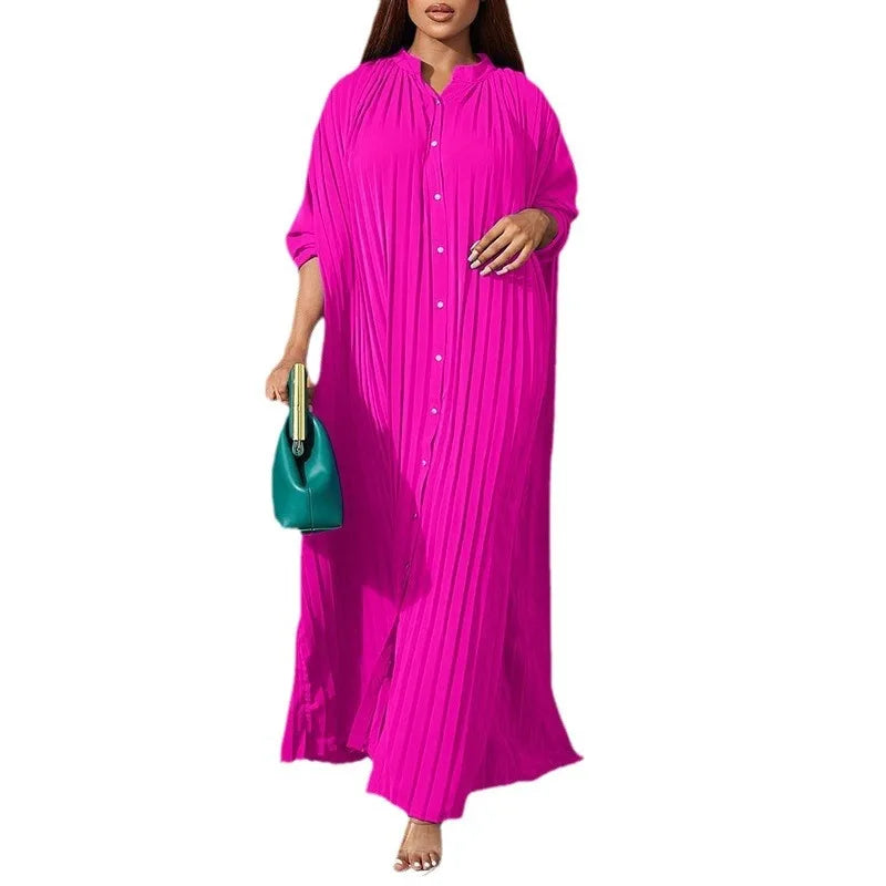 Women's Elegant Pleated Single-Breasted V-Neck Maxi Dress
