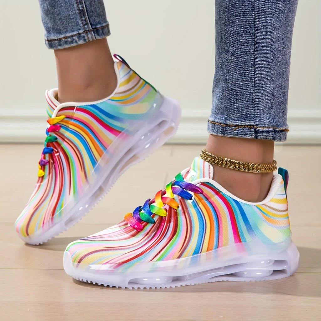 Women's Rainbow Stripe Mesh Lace-Up Casual Sneakers