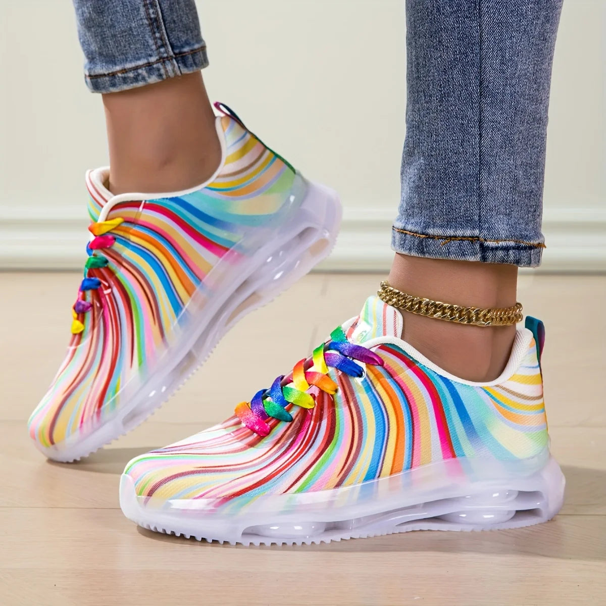 Women's Rainbow Stripe Mesh Lace-Up Casual Sneakers