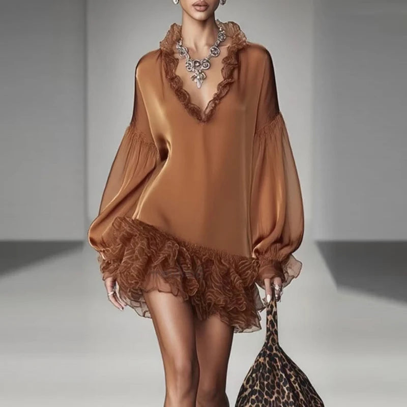 Women's Lace Trim V Neck Puff Sleeve Chiffon Mini Dress