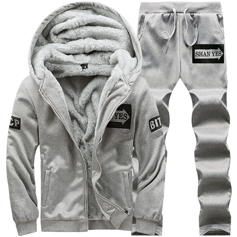 Men's Winter Hooded Plush Thickened Two Piece Set