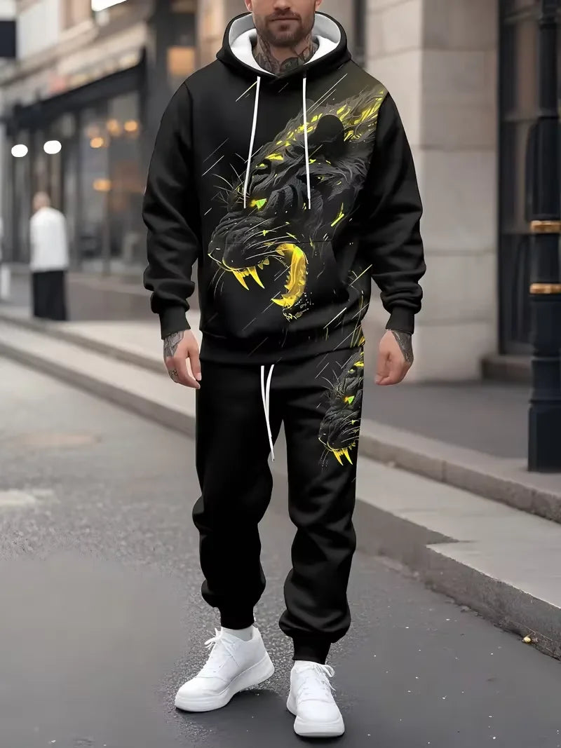 Men's 3D Tiger Print Hoodie and Pants Set