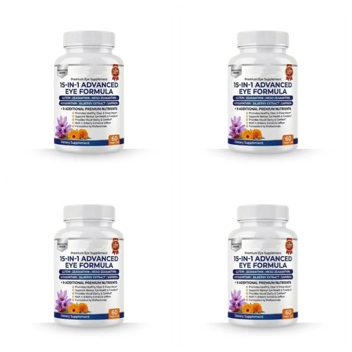 15-in-1 Eye Formula Supplement Lutein Zeaxanthin Bilberry 60 Veggie Caps