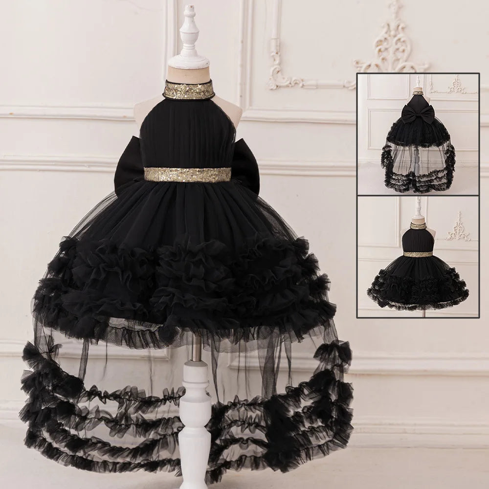 Girls' Sleeveless Princess Dress with Big Bow and Trailing Mesh