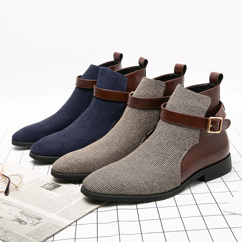 Men's Pointed Toe Buckle Chelsea Ankle Boots