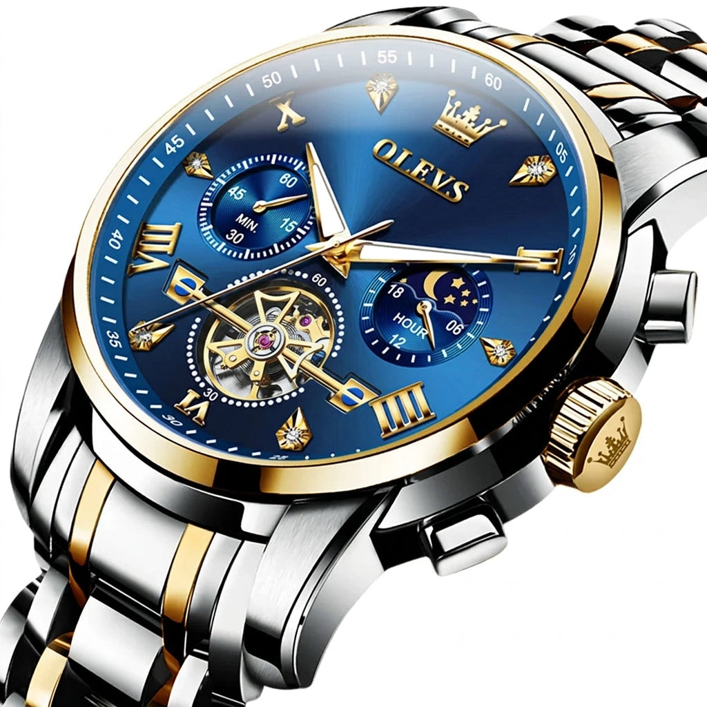 Men's Quartz Skeleton Chronograph Watch with Moon Phase