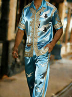Men's Baroque Print Short Sleeve Shirt and Pants Two Piece Set