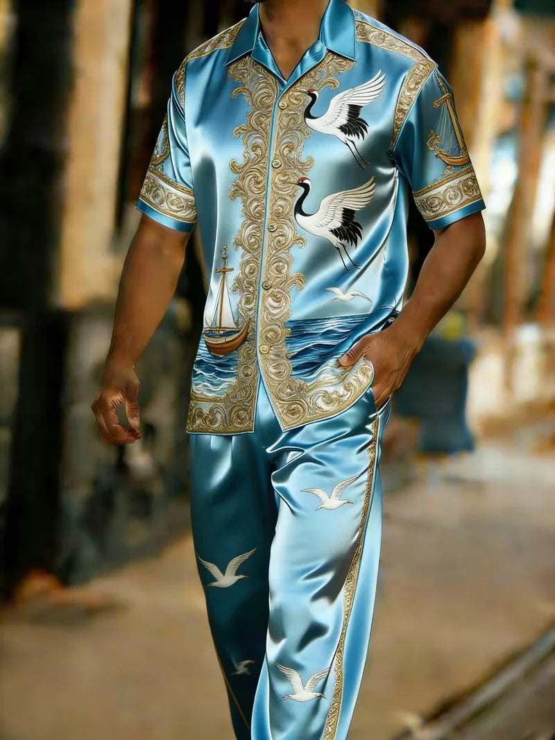 Men's Baroque Print Short Sleeve Shirt and Pants Two Piece Set