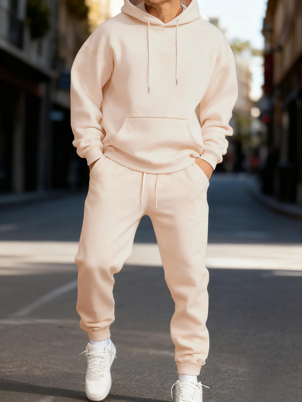 Men's Solid Color Pullover Hoodie and Sweatpants Two-Piece Set