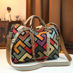 Women's Retro Geometric Color Block Genuine Leather Crossbody Tote Bag