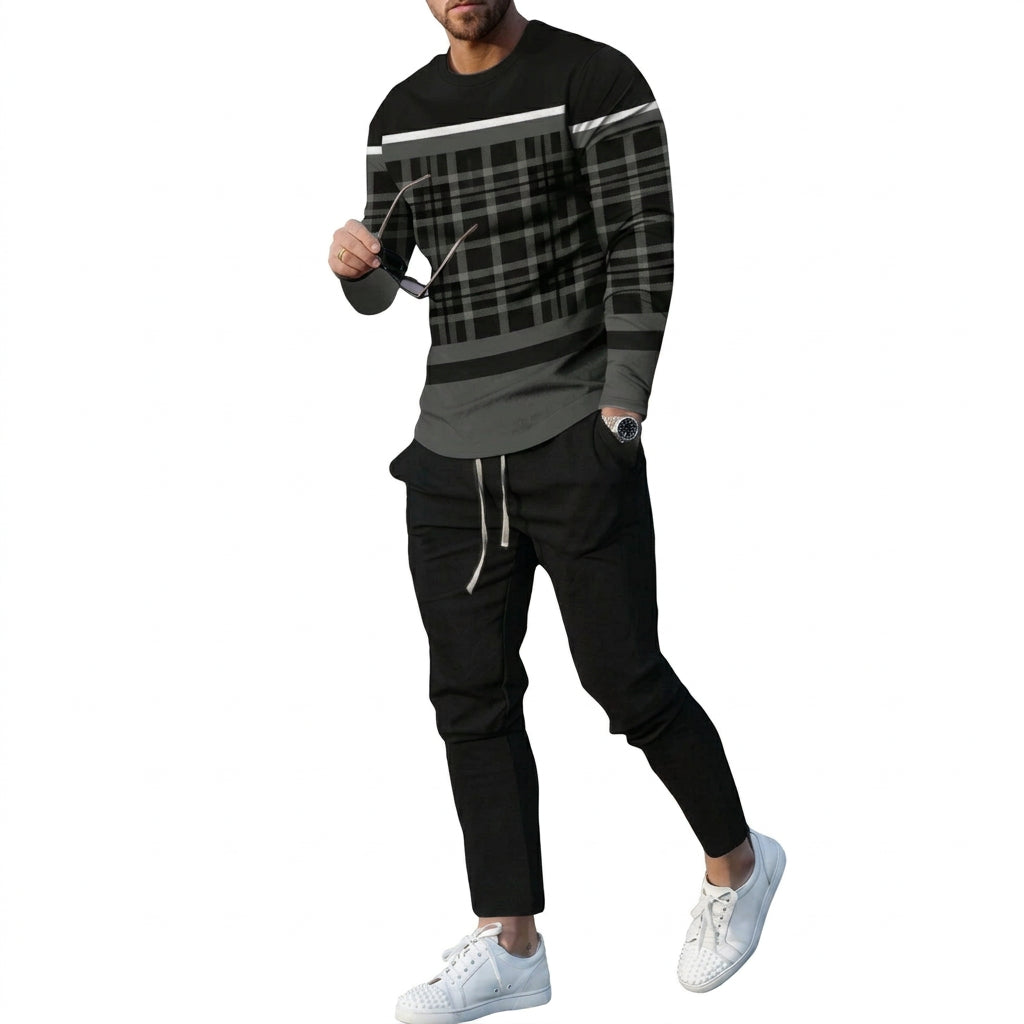 Men's Striped Patchwork Long Sleeve Top and Pants Two-Piece Set
