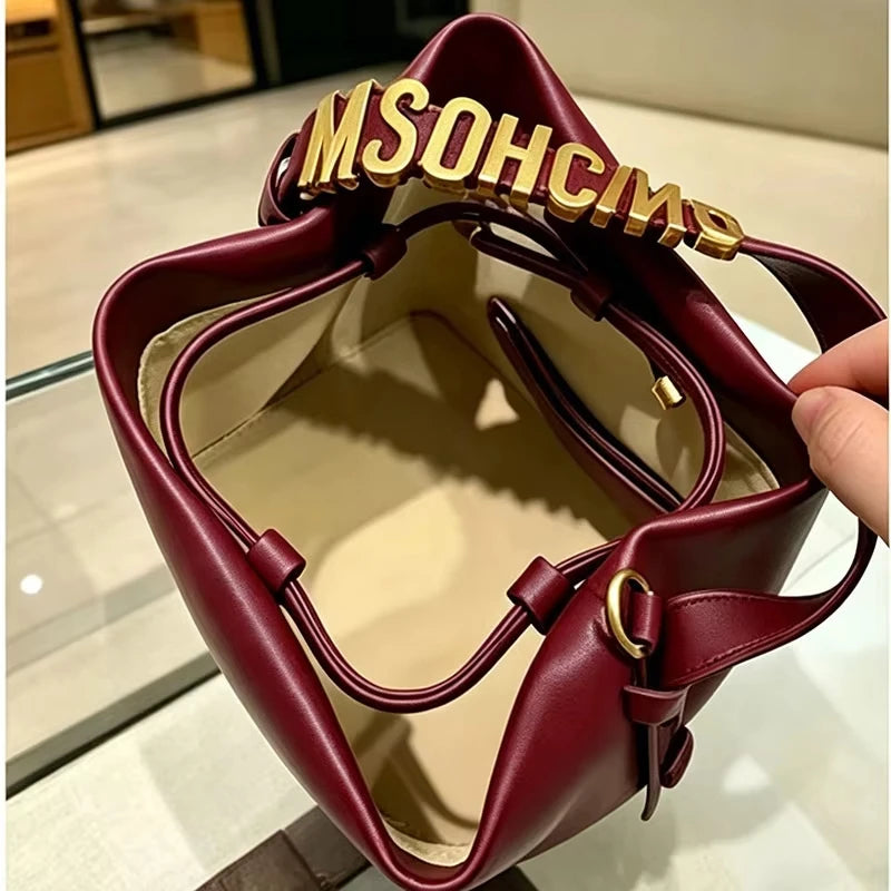 Women's Gold Letter Drawstring Handbag Crossbody Bucket Bag