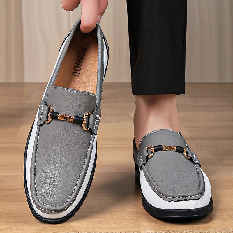 Men's Genuine Leather Slip-On Loafers with Metal Buckle
