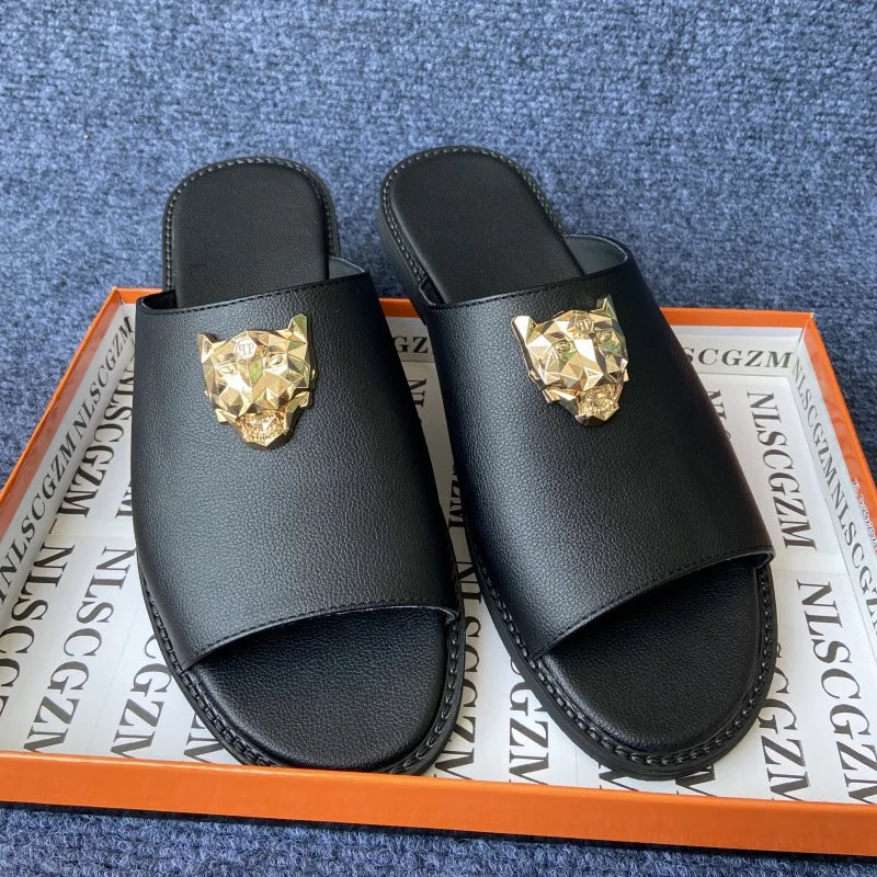 Men's Peep Toe Slip-On Slippers with Metal Decoration