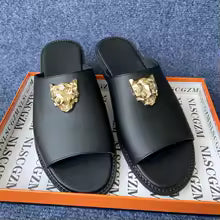 Men's Peep Toe Slip-On Slippers with Metal Decoration