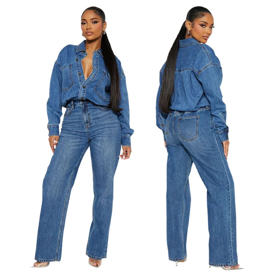 Women's Washed Denim Straight Leg Jumpsuit