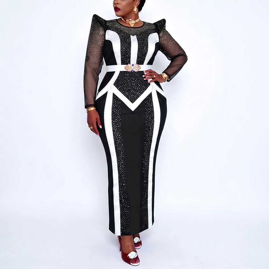 Women's African Diamond Pleated Long Evening Gown