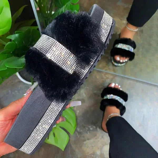 Women's Rhinestone Fur Platform Wedge Slide Sandals